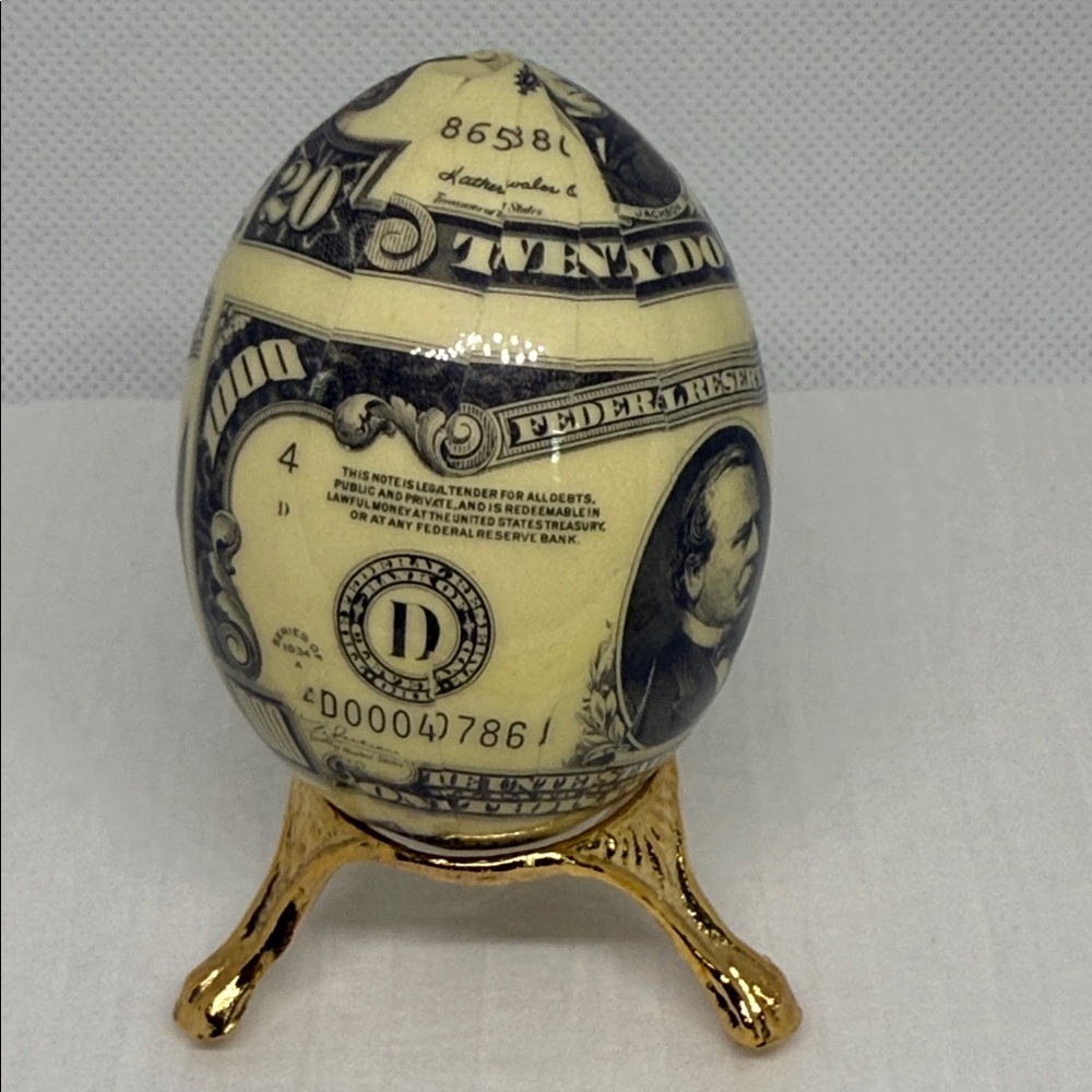 Decorative Egg with Money Bills cash Design on Gold tone Stand